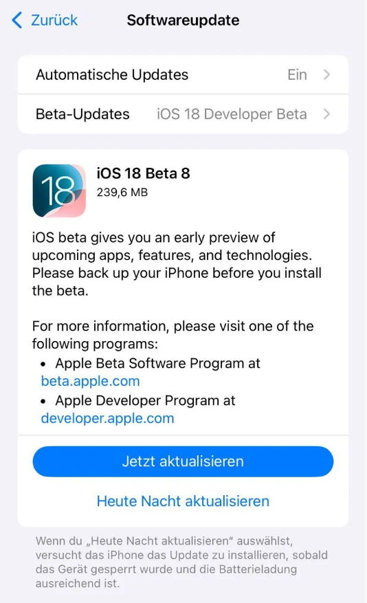 八公山苹果手机维修分享苹果 iOS / iPadOS 18 开发者预览版 Beta 8 发布 